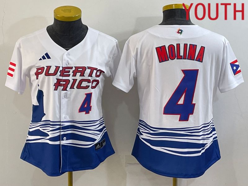 Youth 2023 World Cub Puerto Rico #4 Molina White MLB Jersey5->youth mlb jersey->Youth Jersey
